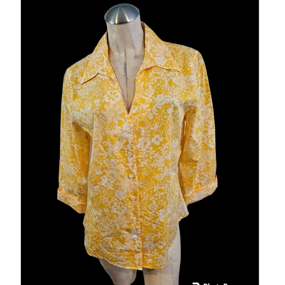 Coldwater Creek Size L Yellow Button Down Shirt White Floral Print